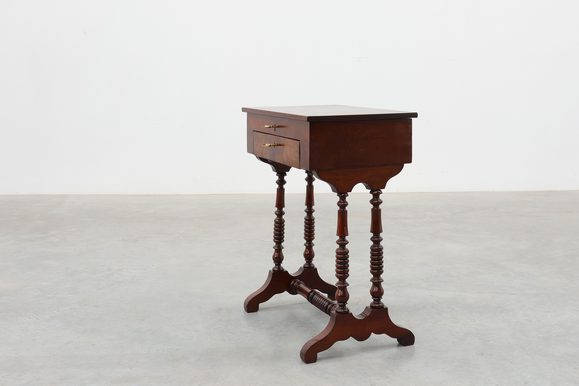 Louis Philippe Side Table with Two Drawers and Turned Twin Legs, France, 1850sthumbnail